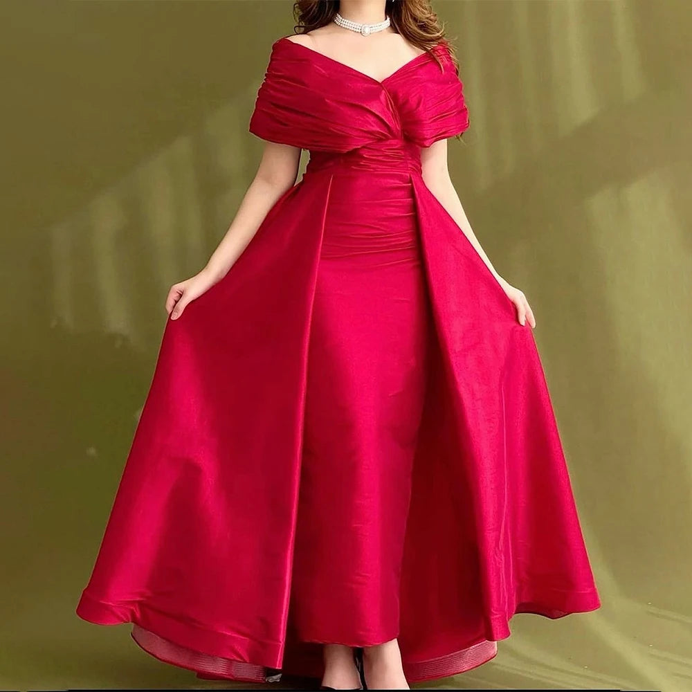Elegant Red A-Line Formal Party Dress | Saudi Arabian Off-The-Shoulder Prom Gown | Premium Candy Color Taffeta Ankle-Length Evening Dress | Model 1005007952416057 Classic Sleeveless Pleated Gown Luxegan