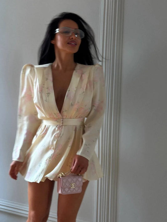 Sexy Floral Printed Mini Dress | Chic Deep V-Neck Full Sleeve Evening Gown | Fashionable Waist-Cinched Pleated Button-Front Dress | Premium Tatting Slim Fit A-Line Daily Outfits Luxegan
