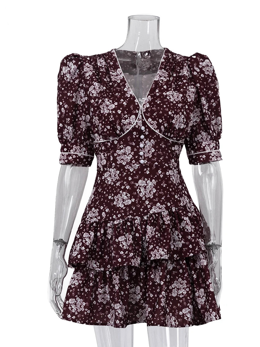 Print V-Neck Short Sleeve Slim Fit A-Line Mini Dress – Empire Waist, Summer Luxegan