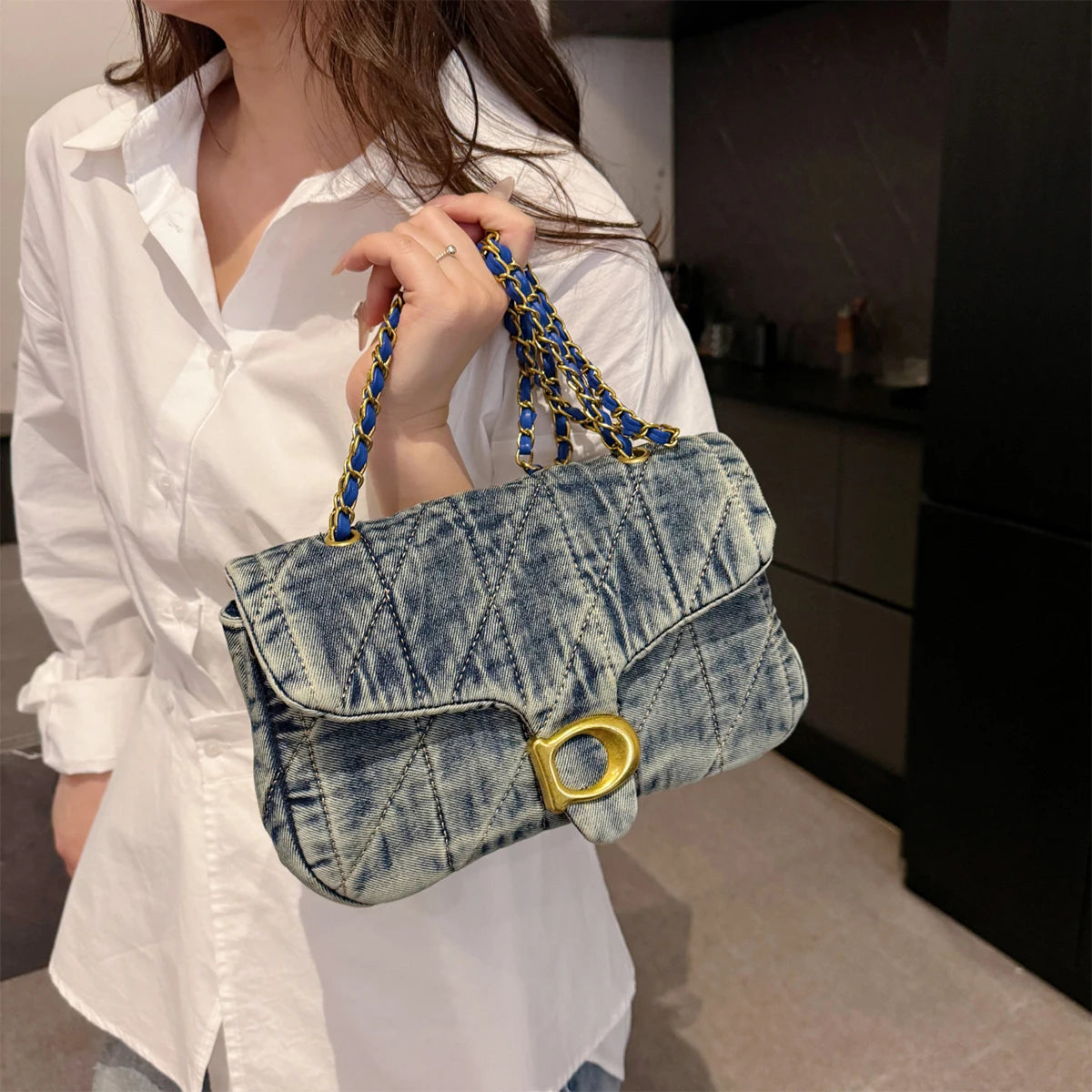 Hong Kong Style Retro Distressed Denim Shoulder Bag | Soft Versatile Commuter & Daily Work/School Satchel Luxegan