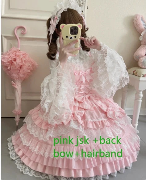 Set de Vestido Suspensorio JSK Lolita Dulce para Mujer | Minivestido de Princesa Hada con Sensación de Muñeca Original | Elegante Vestido de Tirantes Finos con Lazo de Encaje | Vestido Premium de Encaje de Bolillos con Ligera Elasticidad y Cintura Imperio
