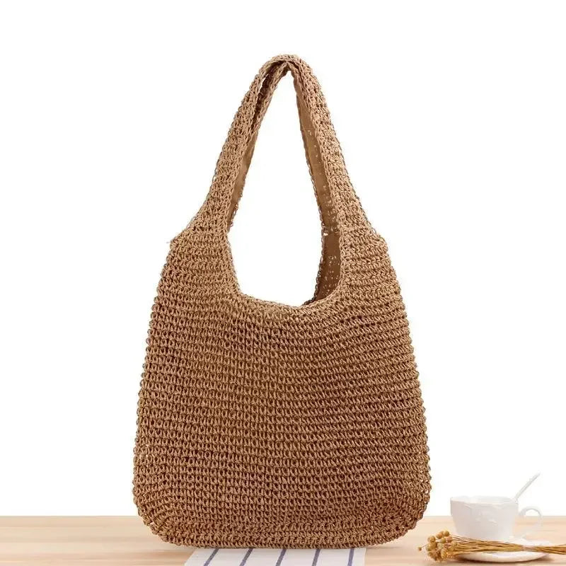 Women’s Fashion Straw Shoulder Bag | Large Capacity Paper Woven Handbag | Casual Summer Beach Tote with Zipper Closure | Minimalist Daily Straw Purse Luxegan
