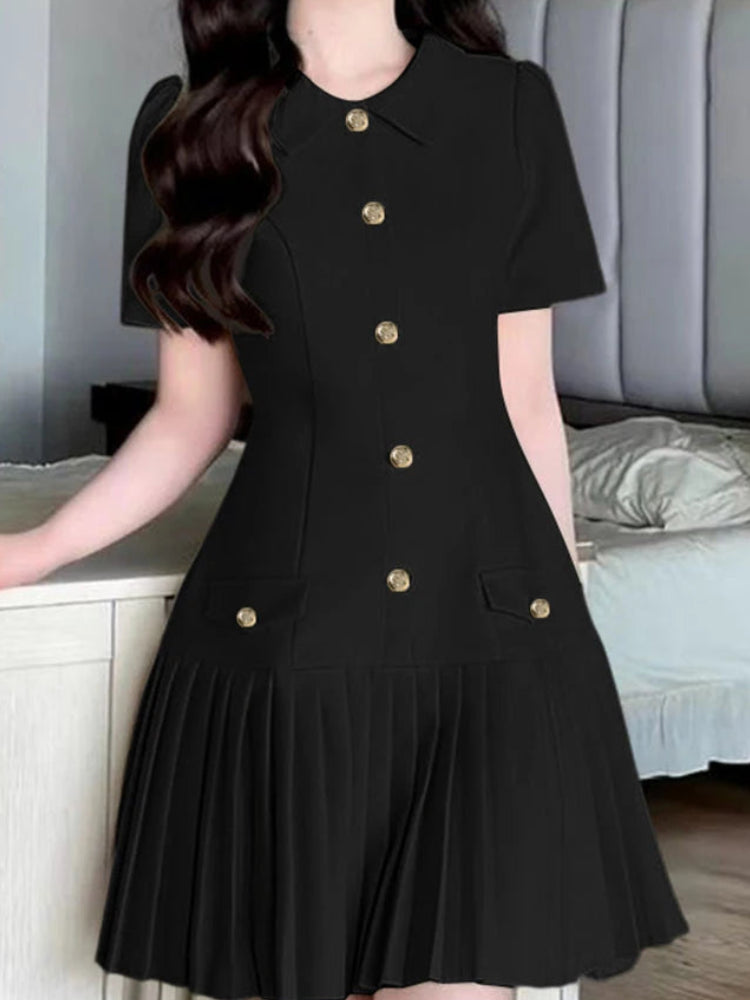 Pleated Lapel Mini Dress | Short Sleeve Button-Trim Work & Casual Sundress Luxegan