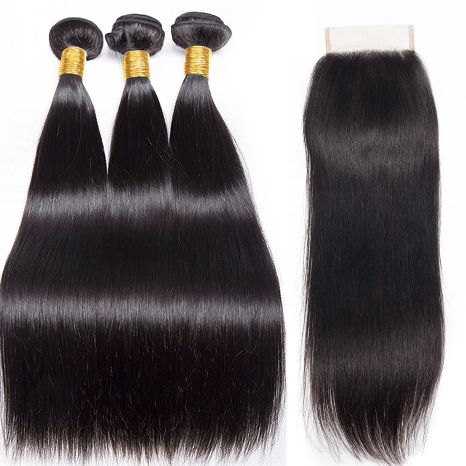 Peruvian Straight Virgin Human Hair Bundles with 13x4 Lace Frontal | 30-Inch Long Straight Bundles with Ear-to-Ear Swiss Lace Closure | Premium 4-Piece Hand-Tied Hair Weaving Multipack Luxegan