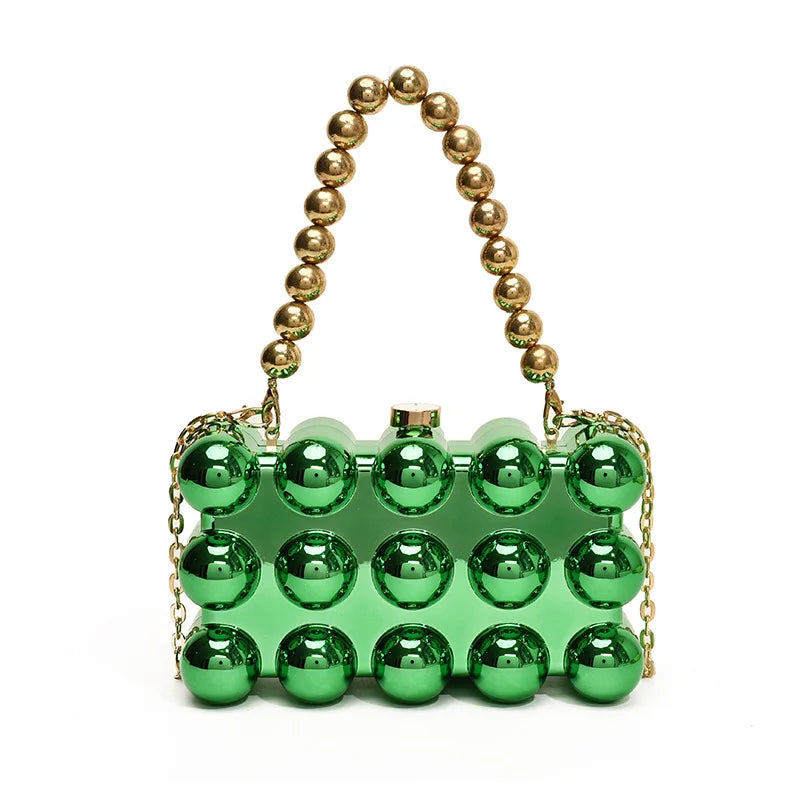 Luxury Acrylic 'Cake Box' Bag | Elegant Gold Beaded Chain Handbag Luxegan