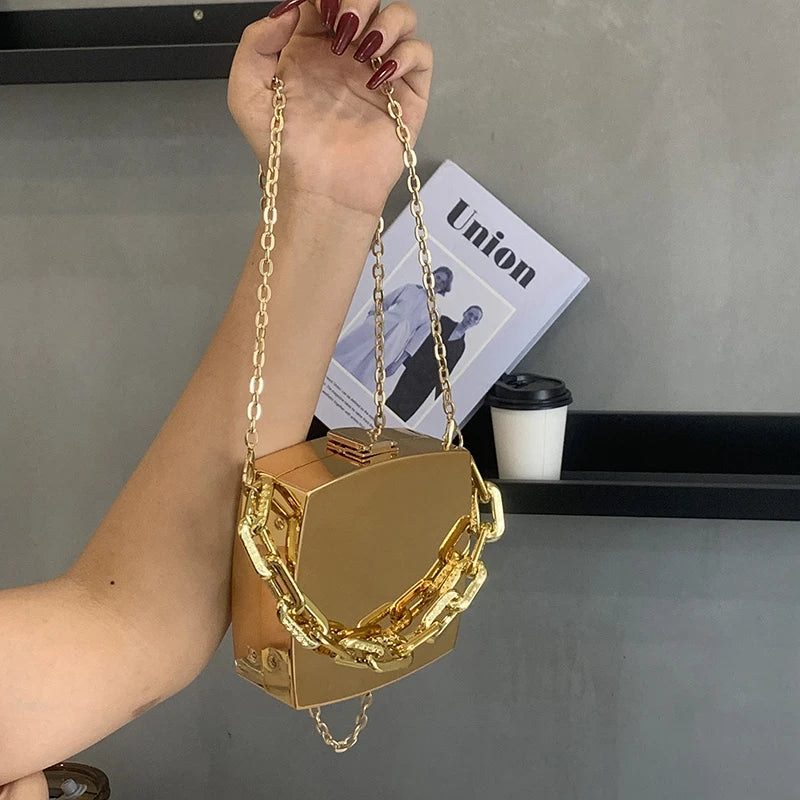 Trend Designer Box Clutch Bag | Luxury Gold & Silver PVC Evening Handbag | High-Fashion Hard Shell Minaudière | Mini Party Chain Shoulder & Crossbody Bag (Model 4252) Luxegan