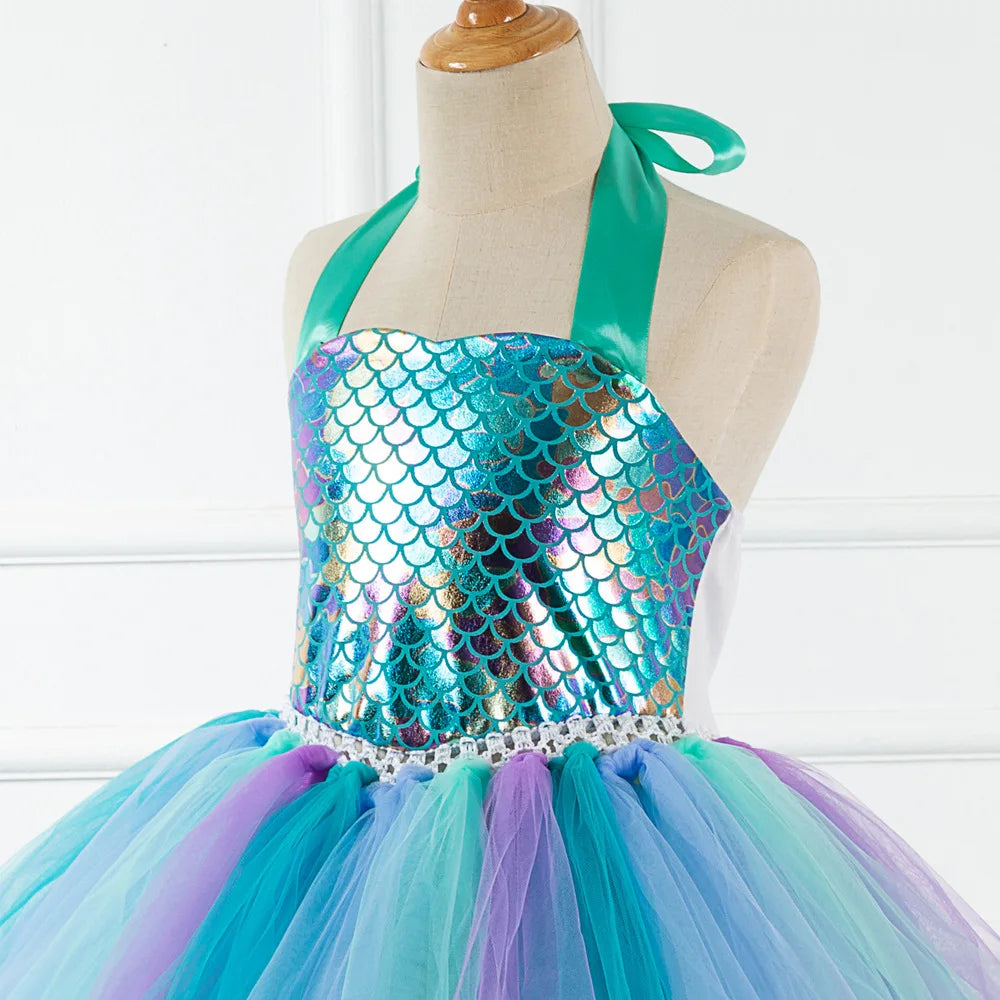 Kids Girls Cosplay Party Dress Princess Dress Up Mermaid Tulle Tutu Dresses Theme Birthday Party Costume with Flower Headband