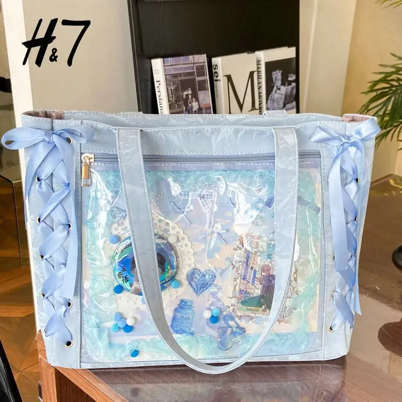 New Versatile Fashion Ribbon Ita Bag | Large Capacity Anime Millet Bag | Sophisticated Green Lace & Bow Shoulder Tote | Fashion-Forward Canvas Daily Outfit Bag with Artisan Charm Luxegan