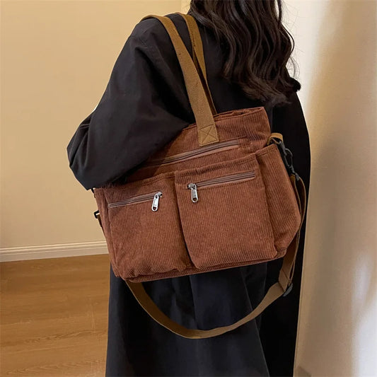 Female Large Capacity Corduroy Tote Bag | New Korean Style Fashion Women's Shoulder Crossbody Bag (Worker Commuter Handlebag)