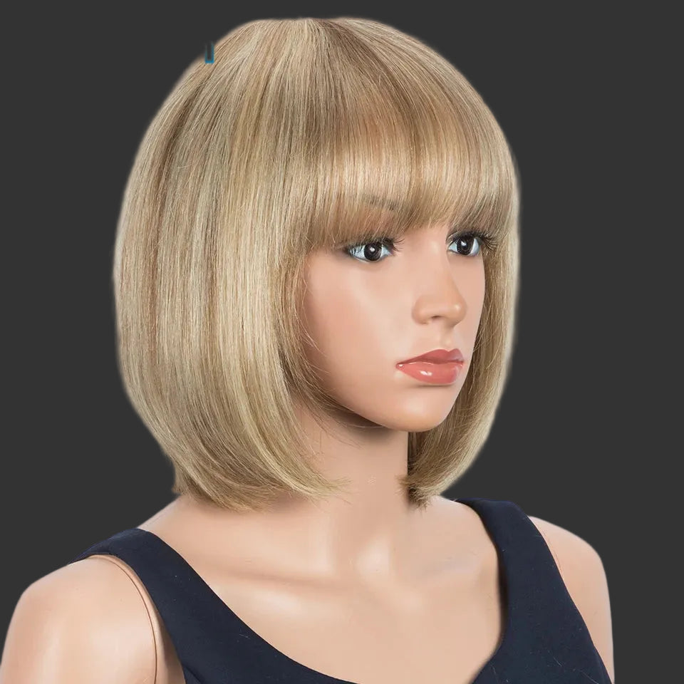 Sleek 613 Blonde Bone Straight Short Bob Human Hair Wig with Bangs | Glueless Full Machine-Made Brazilian Remy Human Hair Wig | Premium 10-Inch Classic Fringe Bob for Women Luxegan