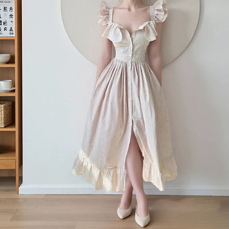 Women's Elegant Striped Long Dress | Casual Flying Sleeves Summer Vacation Gown | Single-Breasted A-Line Holiday Maxi Robe | Premium High-Waist Slash Neck Vestido Model 19 Luxegan