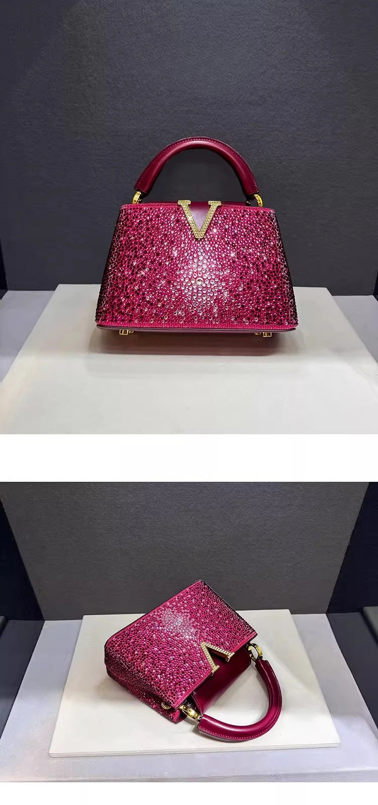 Luxury Brand Leather Diamond Handbag | High-End Rhinestone Shoulder & Crossbody Bag | Elegant Evening Tote with Interior Zipper Pocket Luxegan