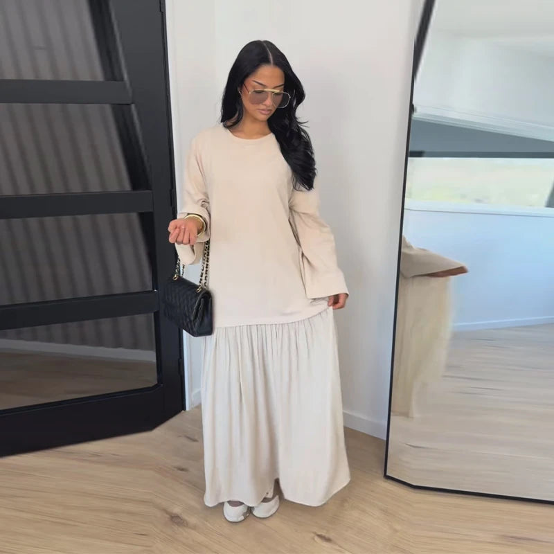 Solid O-Neck Full-Length Flare Sleeve Loose Fit Floor-Length Dress – Natural Waist, All Season | Multi-Style Luxegan