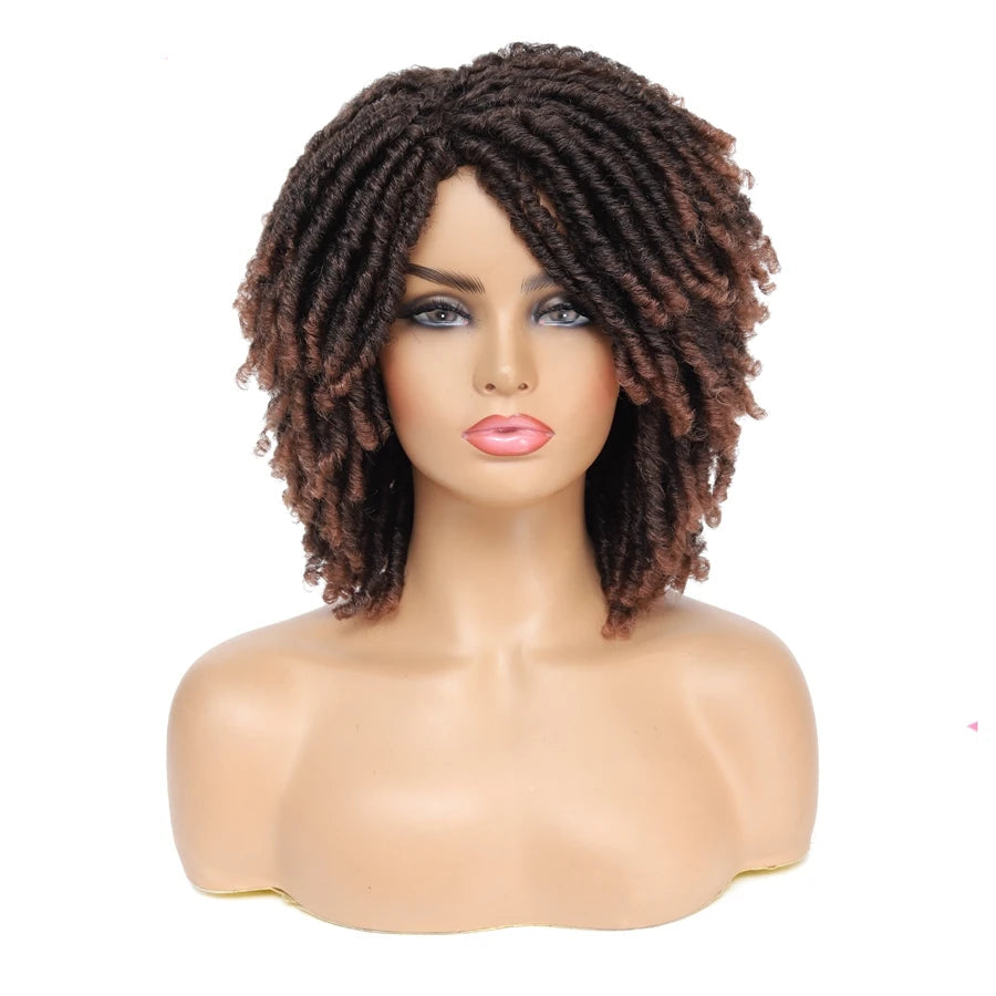 Short Afro Curly Faux Locs Wig | Twist Braids | Heat Resistant | Ombre Brown | Black Women Luxegan