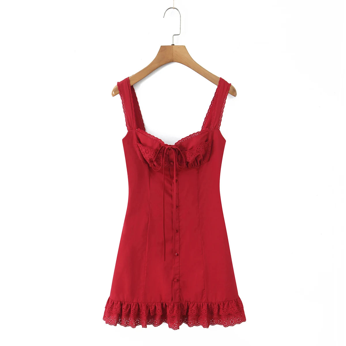 3 Colors Red Spliced Lace Ruched Chest Corset Style Sling Dress Women Cross Lacing Up Back Wood Ears Hem Tank Dresses Vestidos