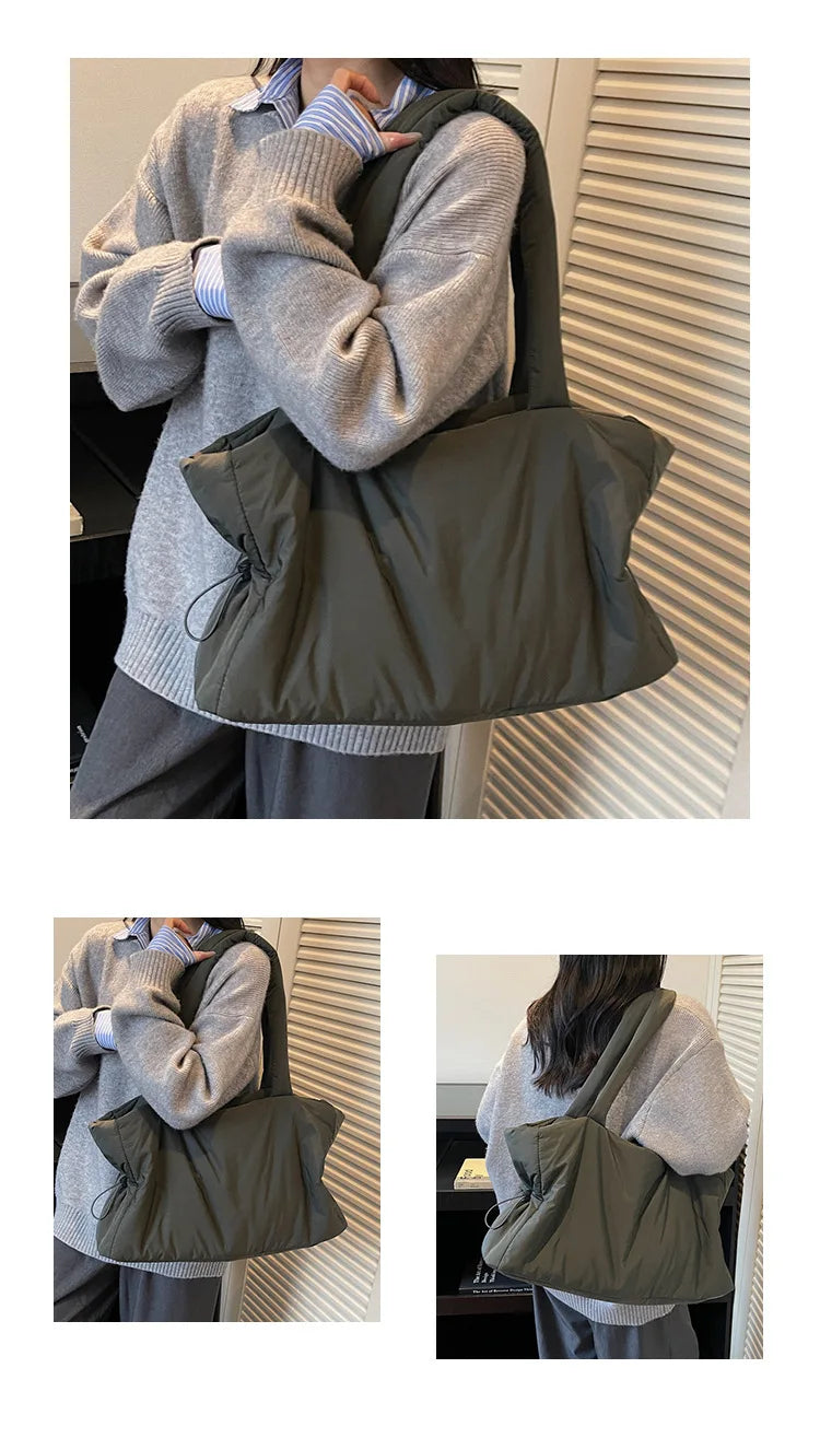 Fashion Winter Large Shoulder Bag | Simple & Practical Nylon Shopping Tote | Textured Casual Commuting Bag with Embroidery & Lace Detail Luxegan