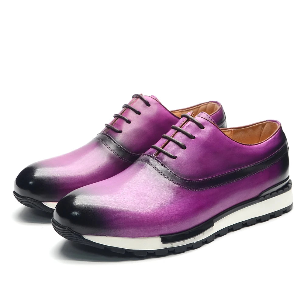 Luxury Classic Oxford Sneakers | Sophisticated Hand-Painted Genuine Cow Leather | Elegant "Dark-Blue & Purple" Lace-Up Male Footwear | "Dignified" Handmade Sheepskin Insole Shoes for Radiant Versatile Styling Luxegan