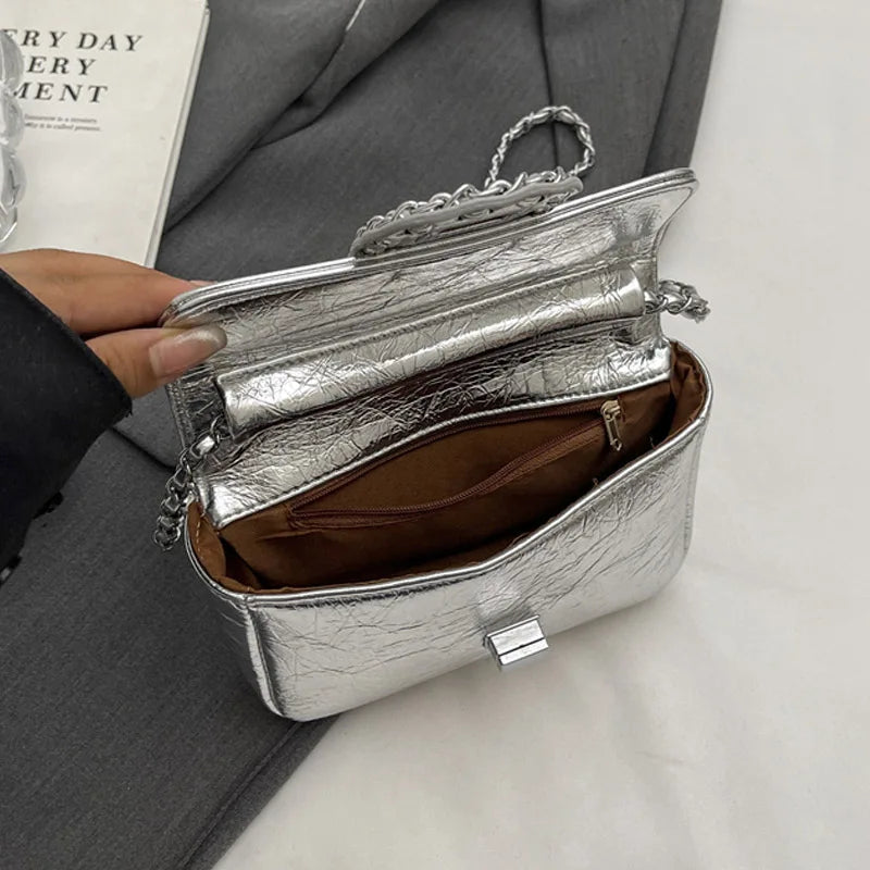 Silvery Luxury Handbags & Purse for Women | PU Leather Flip Messenger Shoulder Bag (Female Chain Crossbody Bag) Luxegan