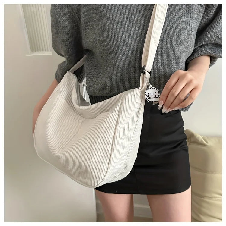 Women's Corduroy Shoulder Bag | Casual Striped Large Capacity Tote with Zipper (Cute Hat Patch, Everyday Use) Luxegan