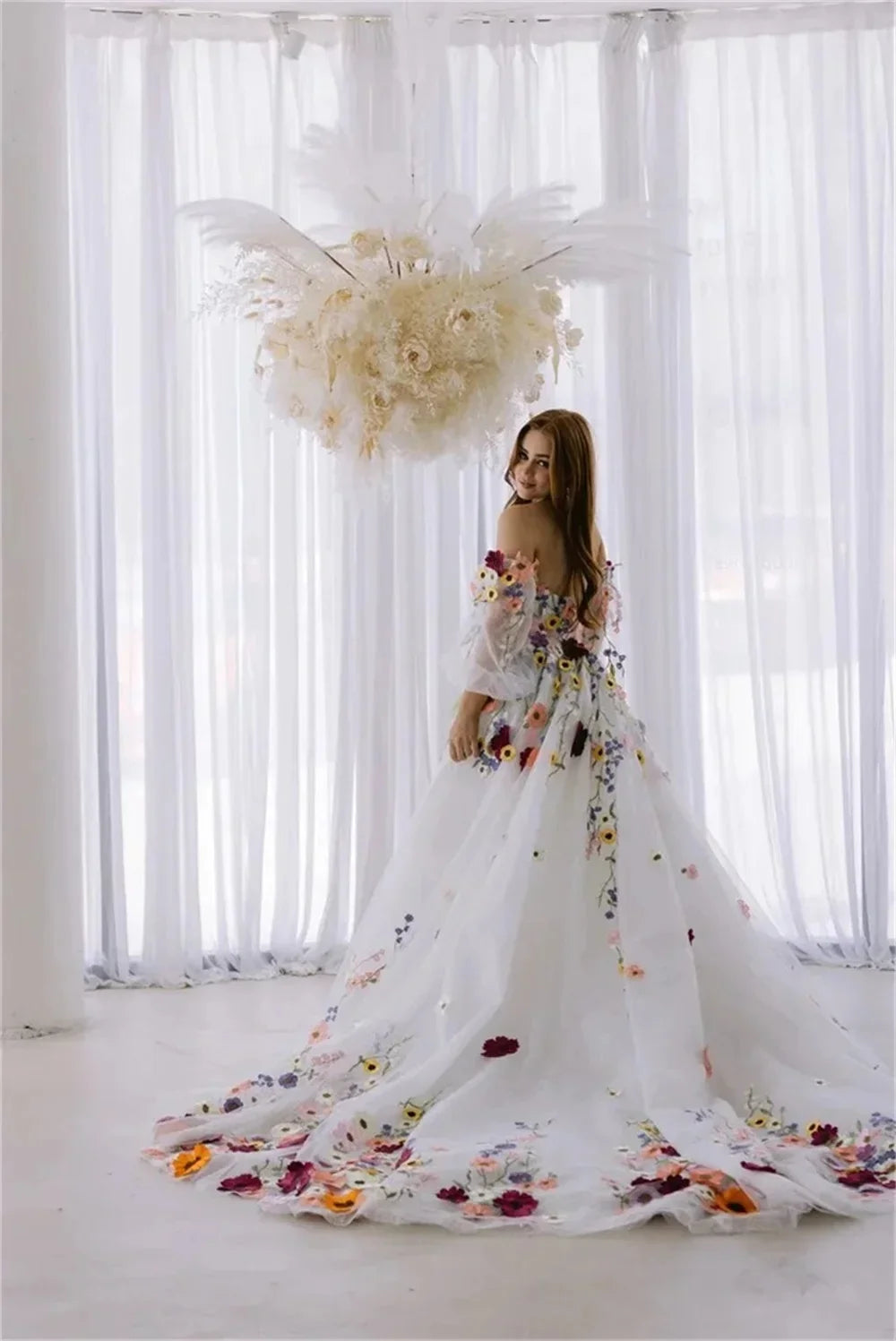 Floral Puff-Sleeve Embroidered Wedding Dress | Romantic Sweetheart Floral Tulle Prom Gown | Off-the-Shoulder Full-Sleeve Bridal Gown with Sweep Train Luxegan