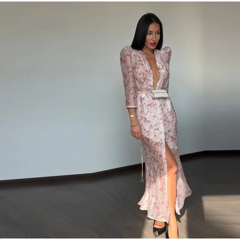 Organza Floral Printed Maxi Dress V-Neck  Puff Sleeve 2026 Spring/Summer Romantic Women Party Gown Fashion Elegant Lady Vestidos