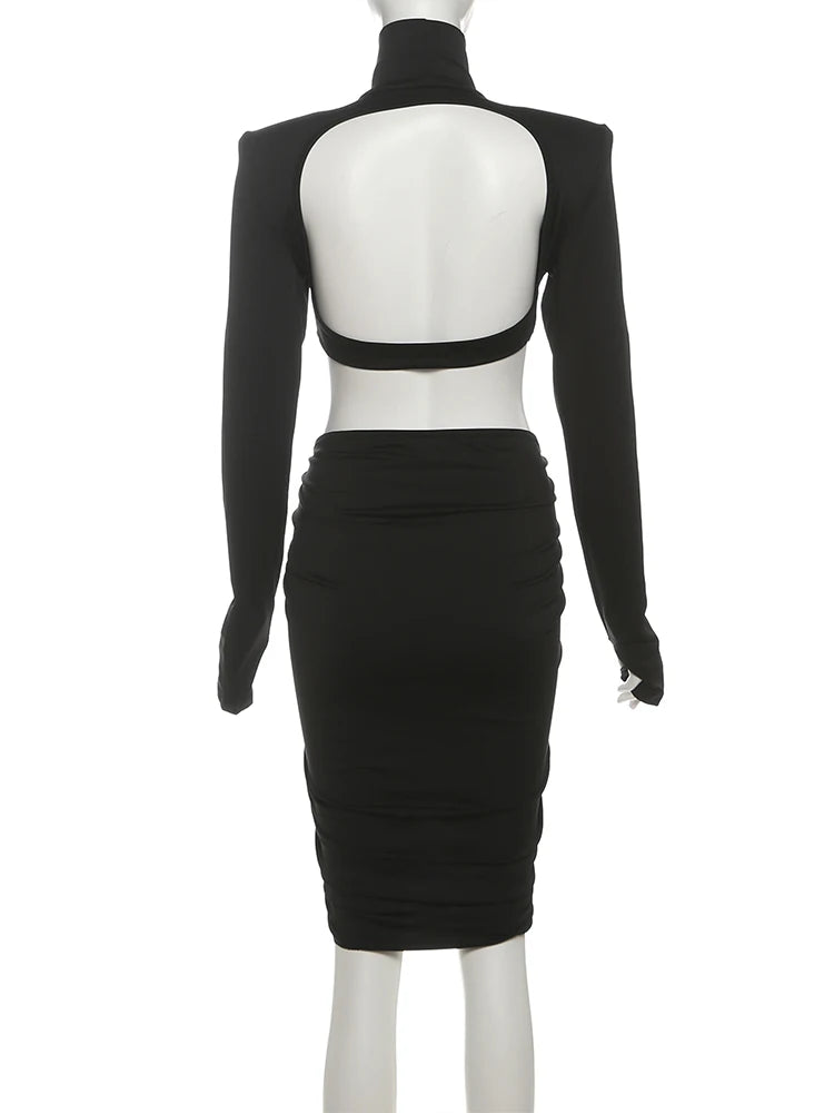 Sisterlinda Ruched Elegant Dress Women Autumn Turtleneck Full Sleeve Hollow Waistless Backless Street Sexy Fashion Mini Bodycon