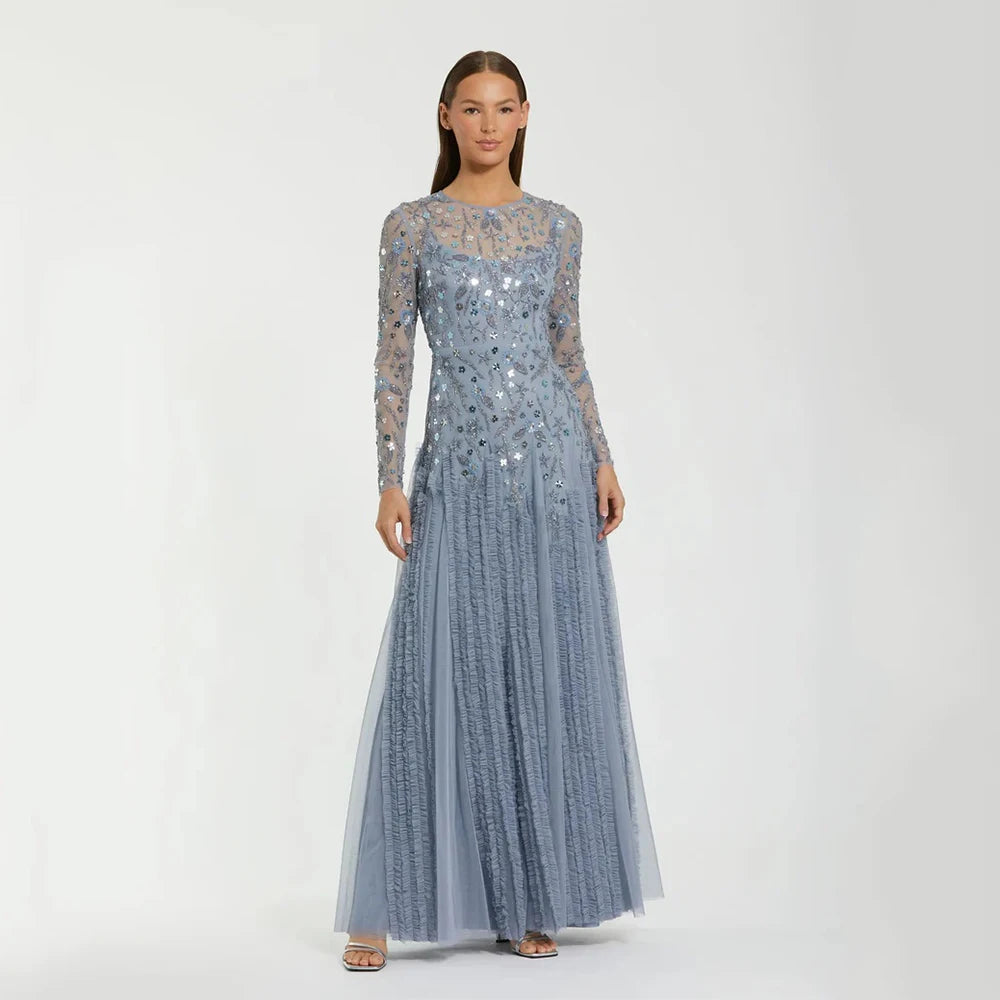 Women's High-Quality Gray Evening Dress | Elegant Scoop Neck Beaded Tulle Gown | Classic Floor-Length Formal Party Dress | Premium Tatting Full Sleeve A-Line Robe with Built-in Bra Luxegan