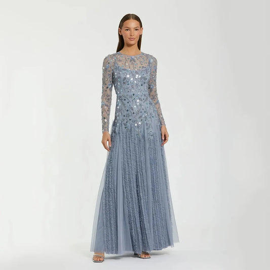 Women's High-Quality Gray Evening Dress | Elegant Scoop Neck Beaded Tulle Gown | Classic Floor-Length Formal Party Dress | Premium Tatting Full Sleeve A-Line Robe with Built-in Bra Luxegan