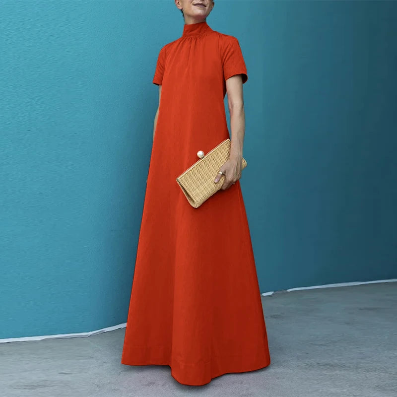 Turtleneck Short Sleeve Maxi Dress | Loose A-Line Elastic Waist Vintage Casual Dress Luxegan
