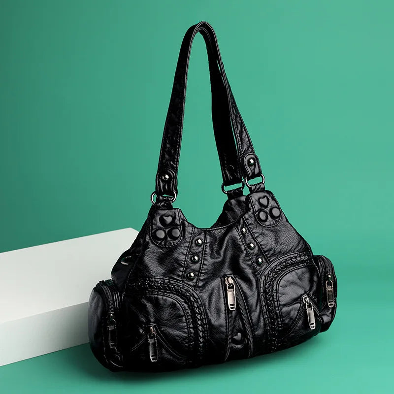 Vintage Y2K Punk Goth Shoulder Bag | Large Capacity Rivet Motorcycle Tote | Luxury Designer PU Leather