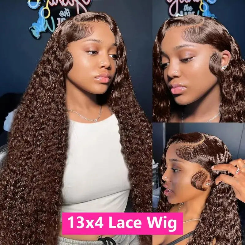 220% Density Chocolate Brown Deep Wave HD Lace Wig | Sophisticated 13x6 & 13x4 Transparent Frontal | Elegant "100% Brazilian Remy" 26+ Inch Silhouette | "Dignified" Pre-Plucked Water Wave Human Hair for Radiant Versatile Styling Luxegan