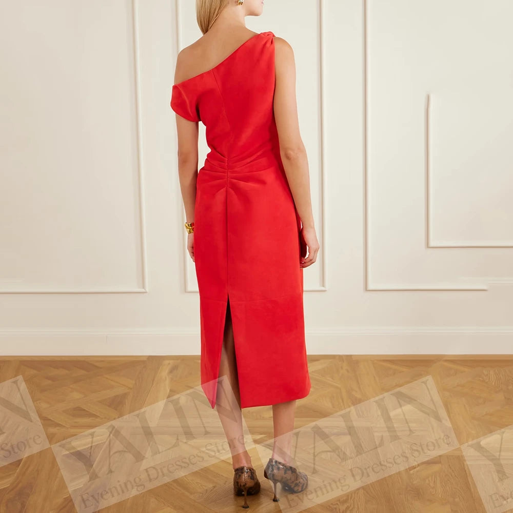 Pleat Backless Straight Evening Dress | One-Shoulder Sleeveless Tea-Length Prom Gown Luxegan