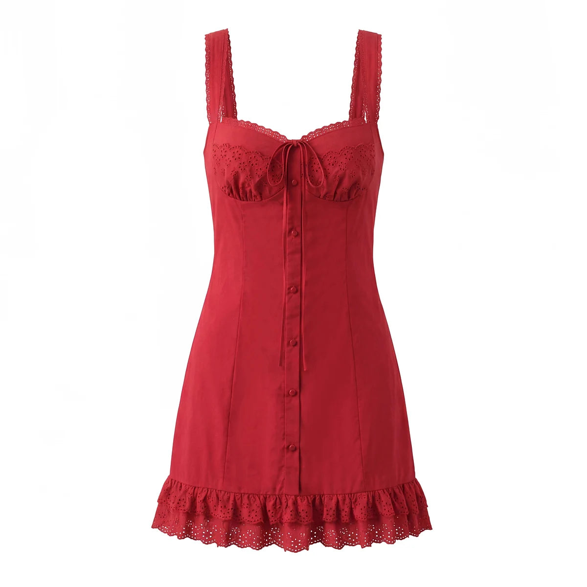 3 Colors Red Spliced Lace Ruched Chest Corset Style Sling Dress Women Cross Lacing Up Back Wood Ears Hem Tank Dresses Vestidos