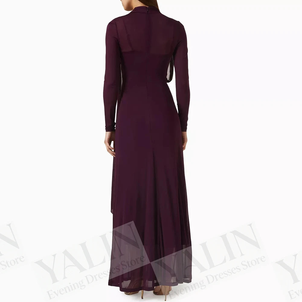Ruched Draped A-Line Prom Dress | High-Neck Full Sleeve Ankle-Length Evening Gown Luxegan