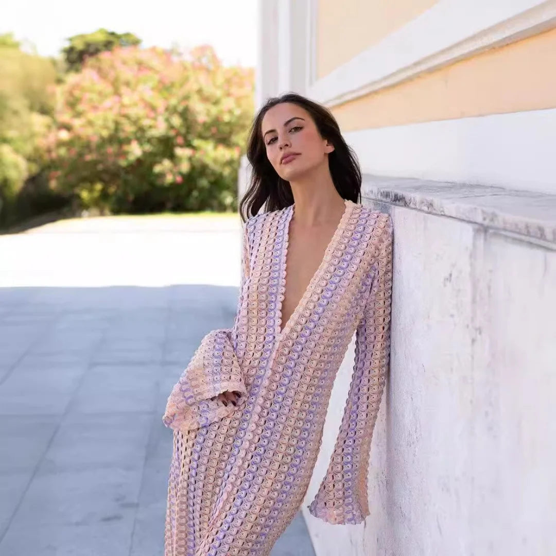 Crochet Hollow-Out Stripe Maxi Dress – Flare Sleeve, Deep V-Neck, Split Hem Luxegan