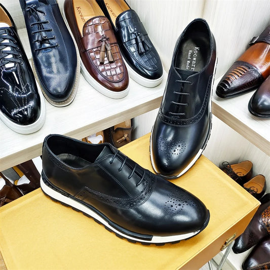 Handmade Sequin Leather Sneakers | Sophisticated First Layer Cowhide Casual Shoes | Elegant "Bling" Height-Increasing Footwear | "Dignified" Black Coffee Banquet Shoes for Radiant Versatile Styling Luxegan