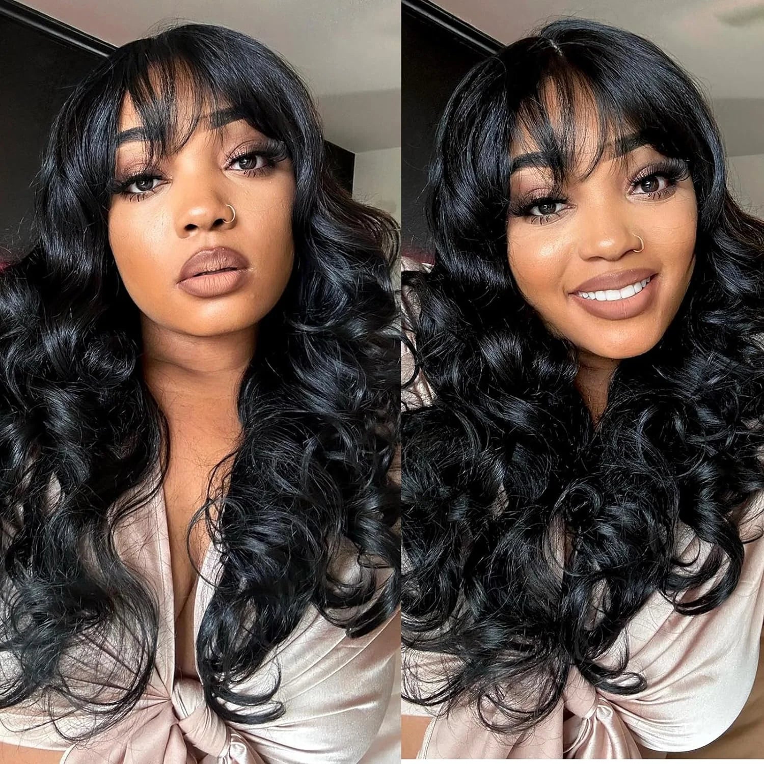 12A Grade Peruvian Body Wave Human Hair Wig with Bangs | Fully Machine-Made Glueless Fringe Wig | Premium Remy Human Hair Clearance Sale Wig for Women Luxegan