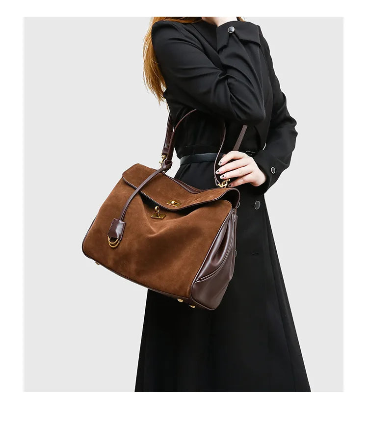 Luxury Rodeo Brown Suede Tote | Premium Microfiber Leather Kelly Style Shoulder Bag | Large Capacity Fashion Handbag with Gold Lock Buckle (Model 5788678888) Luxegan