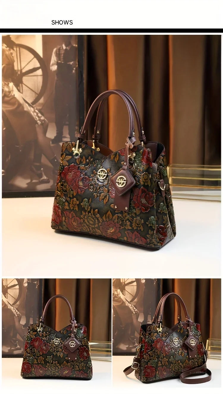 Vintage Flower Pattern Handbag | Luxury PU Leather Tote Bag & Fashion Crossbody Bag For Women Luxegan