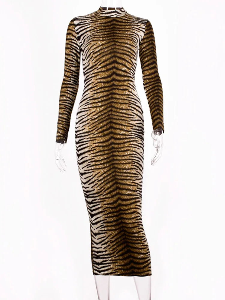 Leopard Print Streetwear O-Neck Full-Length Sleeve Slim Sheath Mid-Calf Dress – High-Stretch Knitted Cotton-Polyester, Empire Waist, Autumn/Winter Luxegan