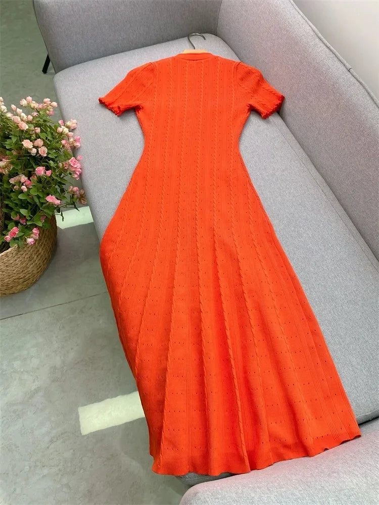 French Style Knitted Long Dress round Neck Hollow out Wooden Edge Skirt Elegant Autumn Luxury Women's Fashion One Piece Dress