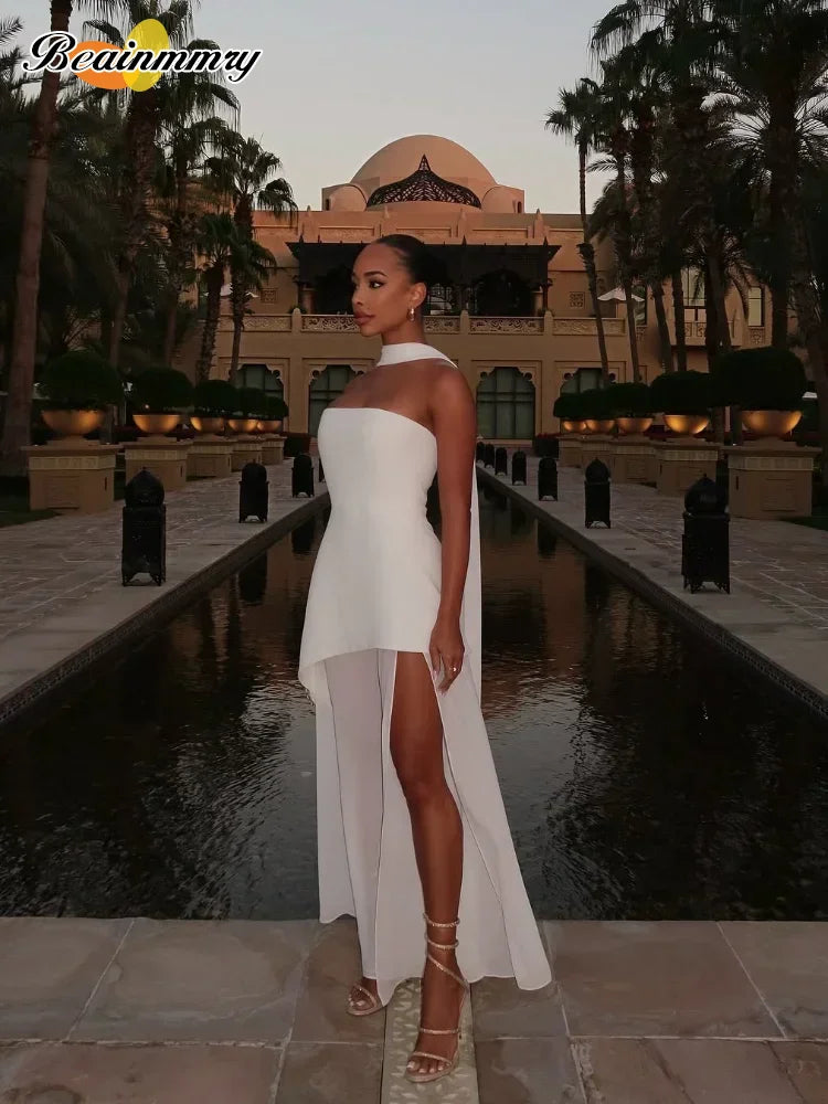 Elegant White Mesh Splicing Slim Women Strapless Dress Chic Scarf Neck Off Shoulder High Waist Long Dresses Lady Party Robes