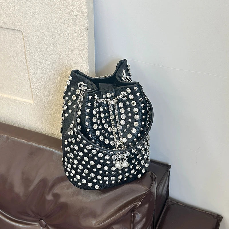 Studded Punk Rock Bucket Bag for Women | Pearl Charm Drawstring Leather Shoulder Bag | Premium Rhinestone Crossbody Purse | Autumn & Winter Solid Color Moderate Hardness Tote Model A Luxegan