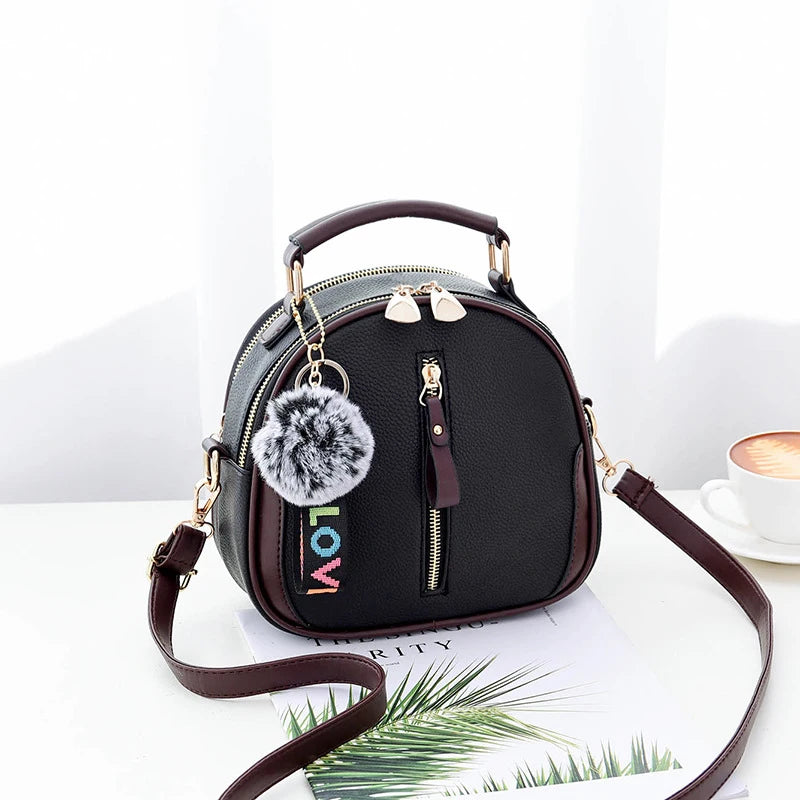 Luxury PU Leather Women's Small Tote Bag | Fashionable Fur Ball Pendant & Crossbody Bag Luxegan