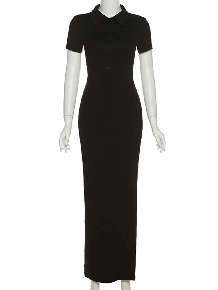 Solid Turn-Down Collar Short Sleeve Button Detail Regular Fit Sheath Midi Dress – Medium Stretch, Summer Luxegan