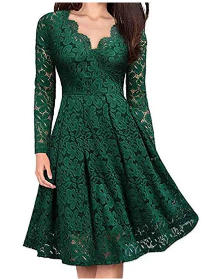 Solid V-Neck Full-Length Sleeve Slim Fit A-Line Knee-Length Dress – High Stretch Polyester-Cotton Broadcloth, Empire Waist, Summer Luxegan
