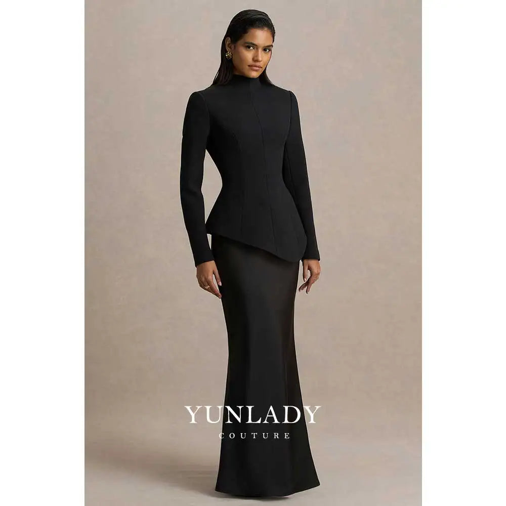 YUNLAN Gorgeous Saudi Arabian Ivory High Neck Custom Satin Wedding Dress 2025 Muslim Women's Formal Party Black Long Sleeve Gown