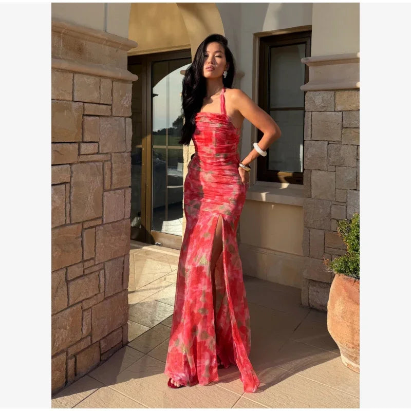 Flutter Sleeves Slim Long Dress Women Casual Pleated Deep V-neck Floral Print High Waist Dresses 2026 Lady Summer Holiday Wear