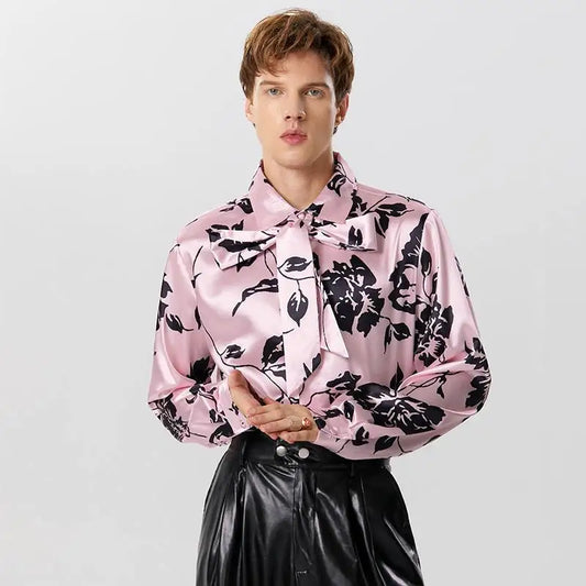Men’s Satin Printing Lapel Shirt | Sophisticated "Lace-Up" Long Sleeve Silhouette | Elegant Autumn Streetwear Camisas | "Dignified" High-Performance Fashion Clothing for Radiant Versatile Styling Luxegan