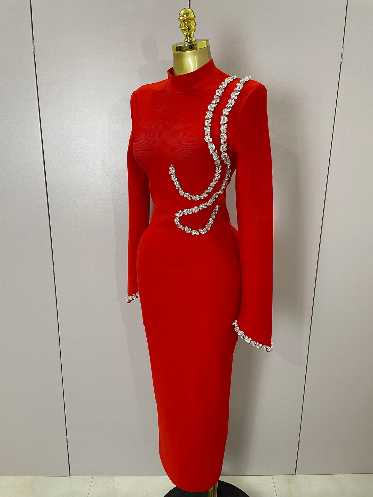 Diamond Appliqué Bodycon Maxi Dress | Long Sleeve High Collar Bandage Evening Dress Luxegan